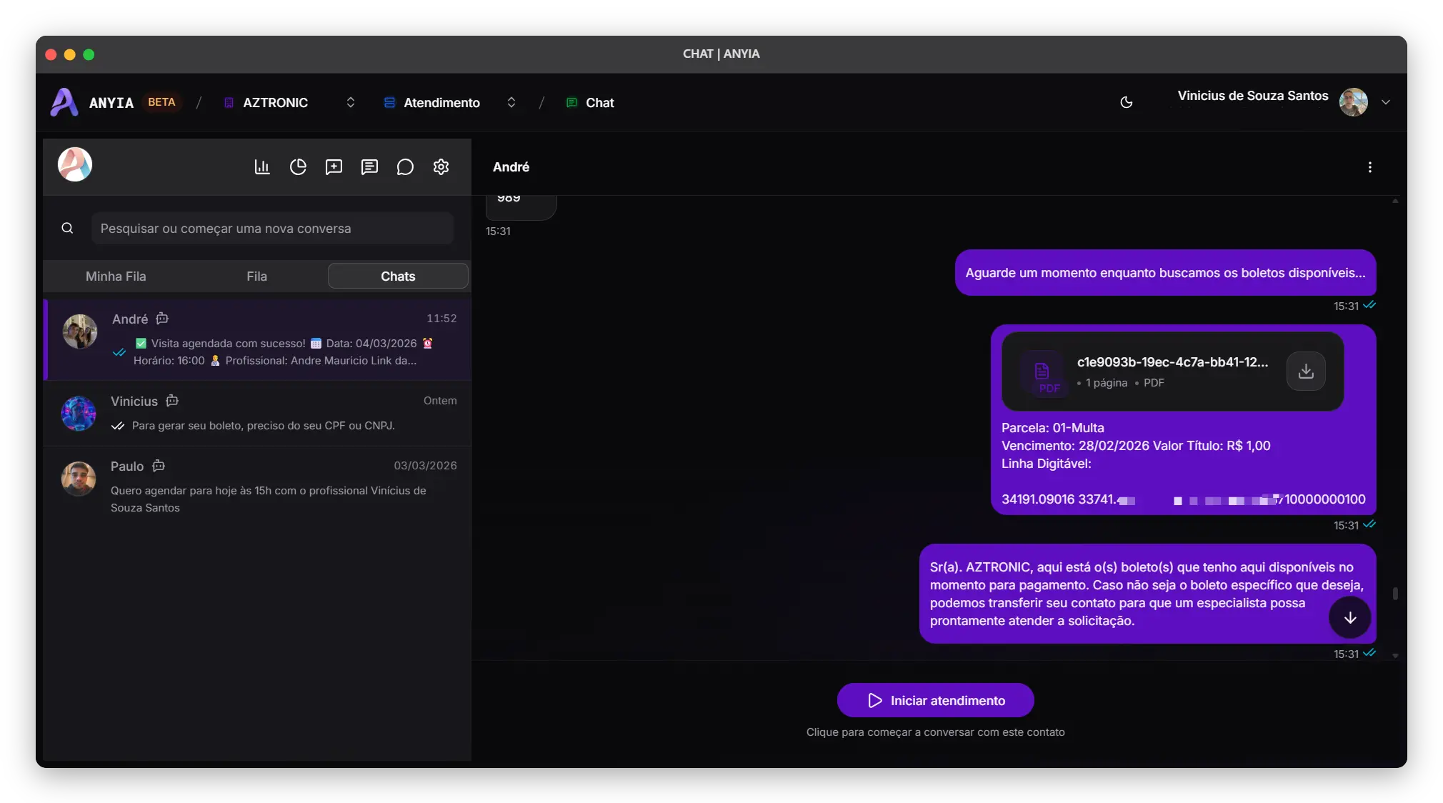 Painel da Anyia com atendimento no WhatsApp e visão operacional
